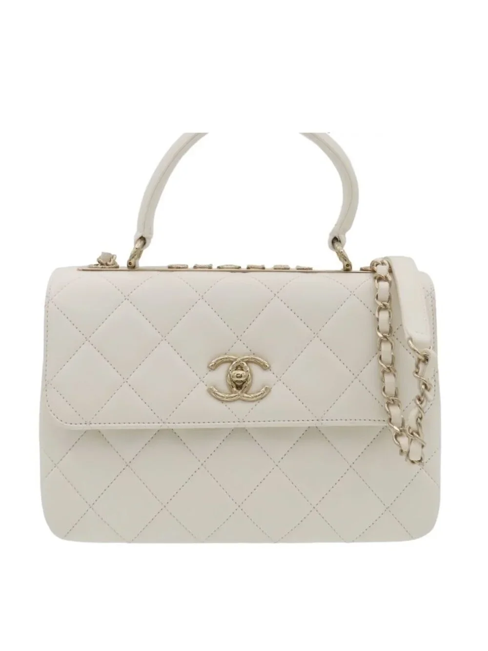 Chanel Chain Shoulder Bag Top Handle White Lambskin 2-Way